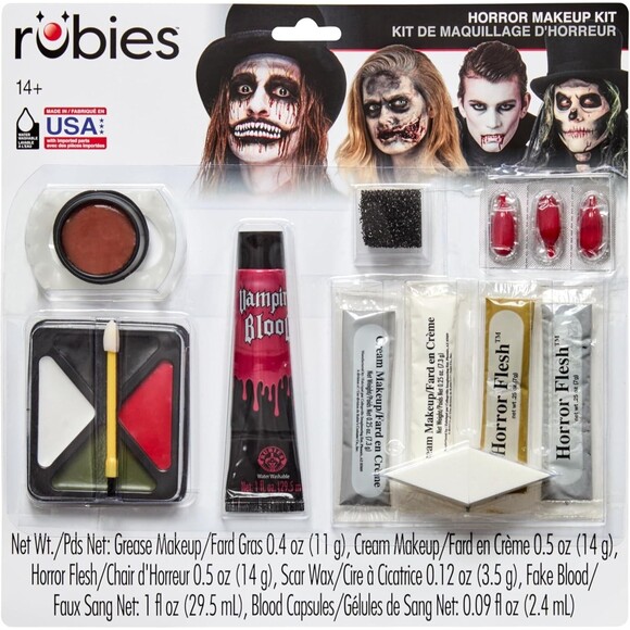 Horror Makeup Kit Scar Wax Fake Blood Flesh Cream Fangs Made in USA by Rubies - Picture 2 of 7